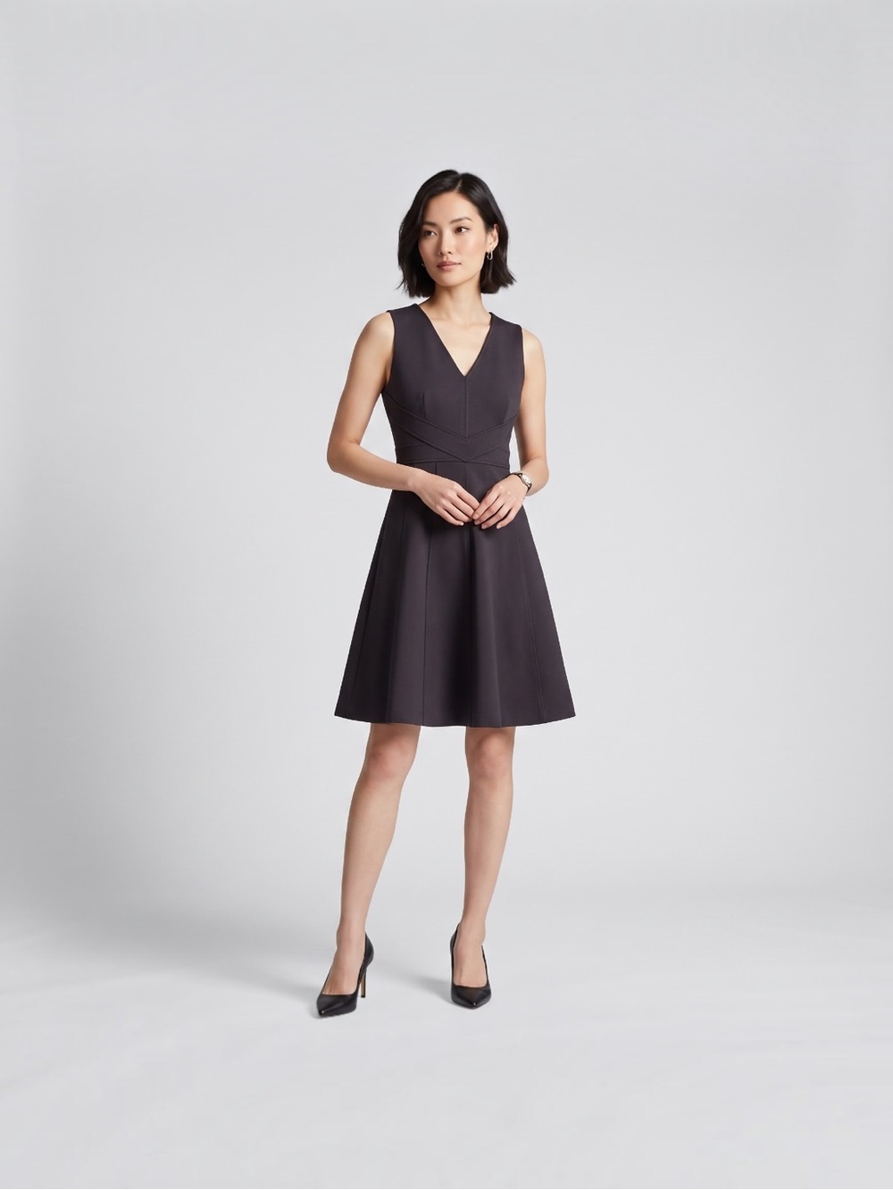 Calvin Klein Scuba Dress 8P Petite Charcoal Gray V-Neck A-Line Fit Flare Work